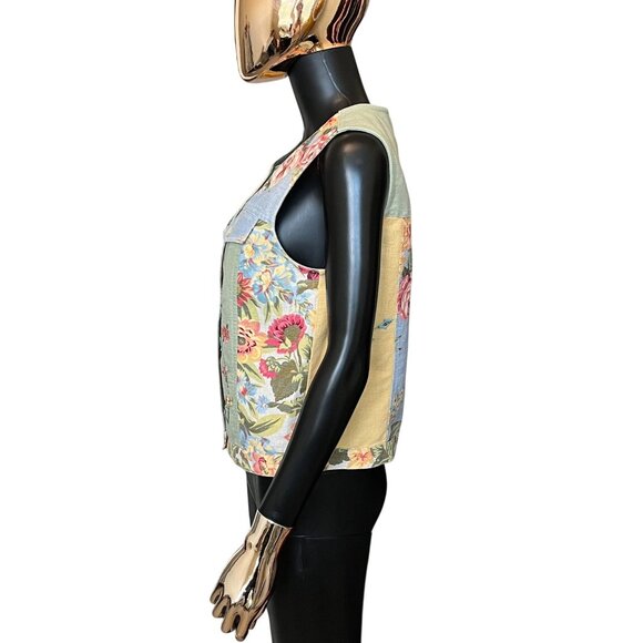 Susan Bristol Multicolor Patchwork Floral Linen Cotton Button Front Vest Small - Picture 4 of 13